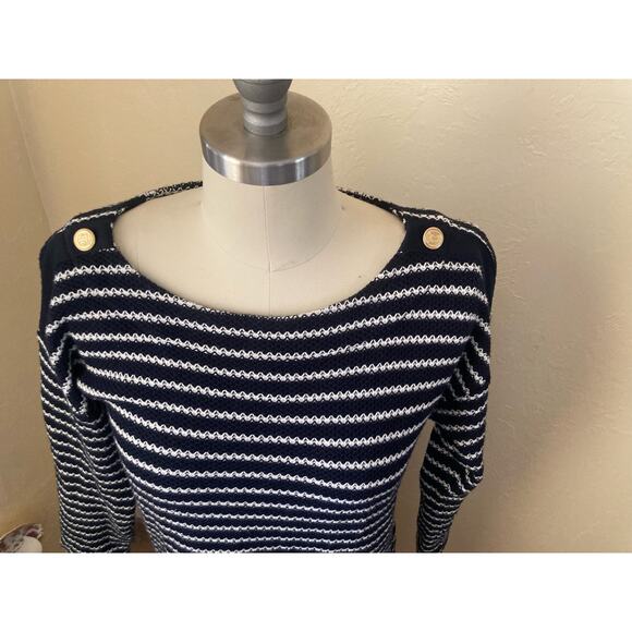 Talbots Women's Knit Sheath Dress Size MP Dark Navy Blue Striped - Picture 6 of 12